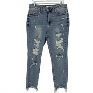 Judy Blue Womens Distressed with Holes Blue Denim Skinny Fit Jeans, 14W